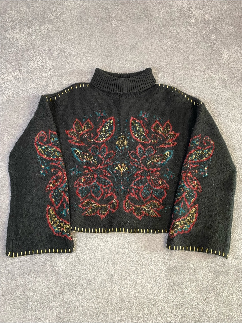 Shyanne Black Floral Intarsia Wool Blend Sweater M Cropped Turtleneck Whimsigoth